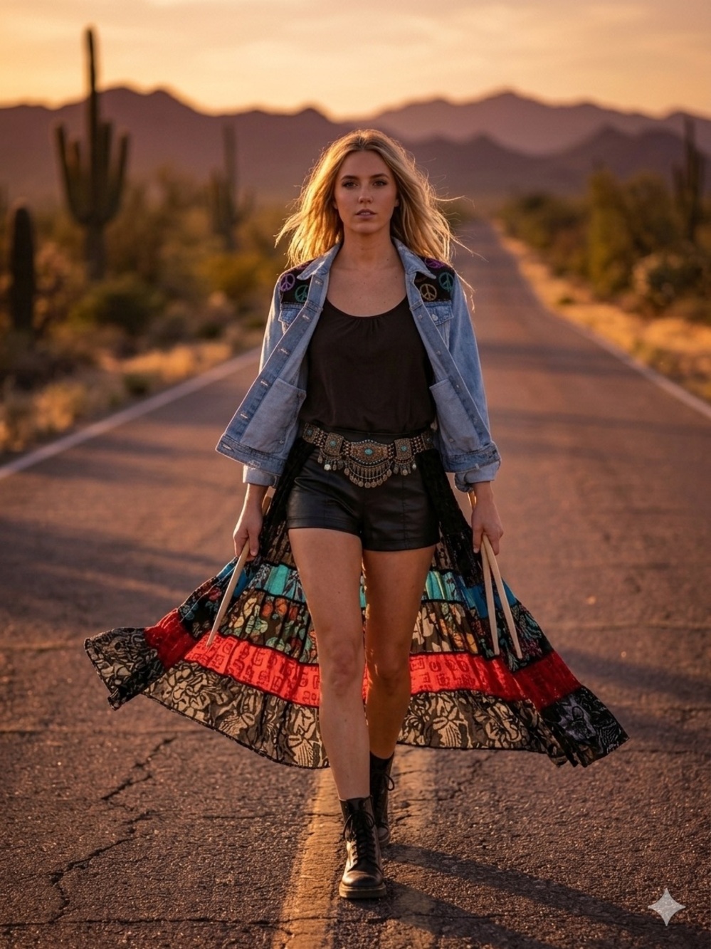 Boho Tiered upcycled denim jacket in Red, Teal & Black Panels